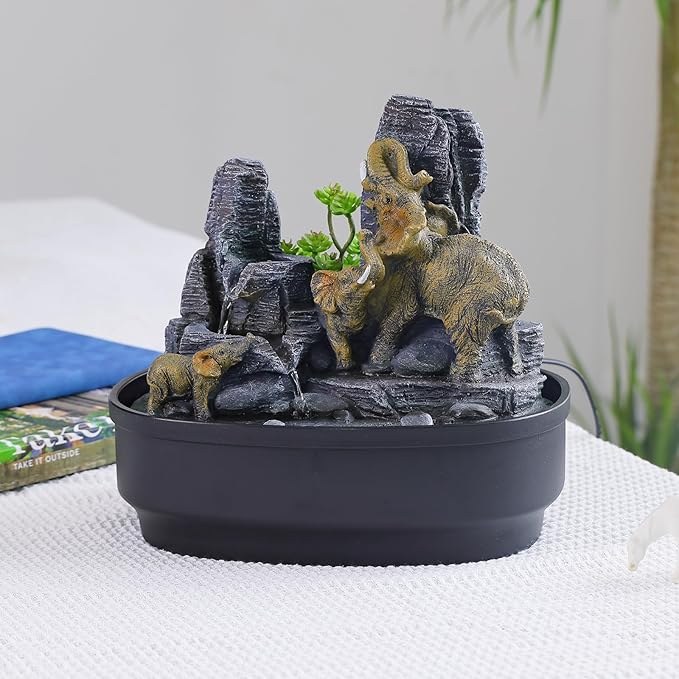 Elephant Tabletop Fountain with Cascading Rocks & LED Lights, Zen Indoor Water Feature for Living Room/Office/Bedroom, Multi-Room Home Decor and Elephant Lover Gift (10.8" H)