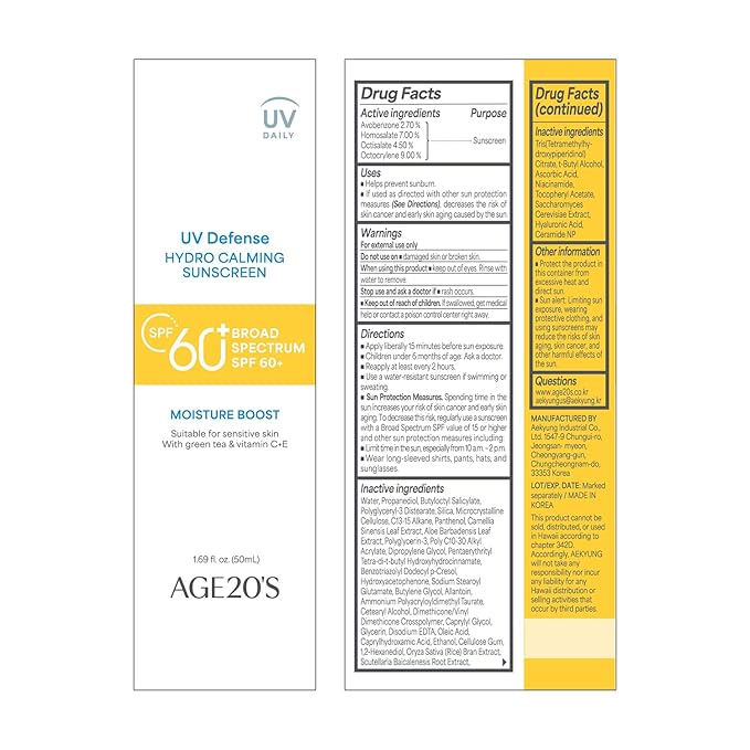 AGE20'S UV Defense Hydro Calming Sunscreen SPF 60+ | Korean Sunscreen | Moisturizing Creamy Formula, No White Cast, Lightweight Finish | Green Tea + Aloe Vera | Dermatest Excellent | 1.69 fl.oz*1