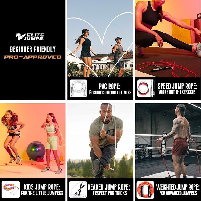 Elite Jumps | 6mm PVC Jump Ropes for Fitness | Indoor/Outdoor Adjustable Boxing Jump Rope w/Unbreakable Handles & Ultra-Durable Non-Kinking PVC | Skipping Rope for Men & Women & Boxer Rope Jump Rope