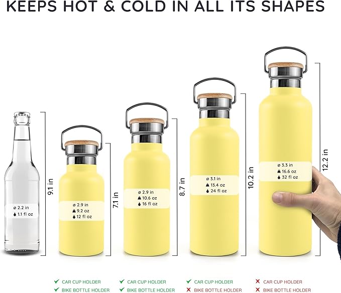 Bambaw Thermo Water Bottle 12 oz, Yellow Water Bottle, Insulated Water Bottle with Handle, Stainless Steel Water Bottle for School, BPA Free Water Bottle Screw Top, Metal Water Bottle – Yellow Beam