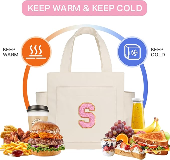 Joymee Leather Lunch Box Lunch Bag for Women Adult Insulated Reusable Leakproof Large Spacious Lunch Cooler Lunch Tote Bag with Bottle Holder and Side Pockets for Work Picnic Beach (Letter S)