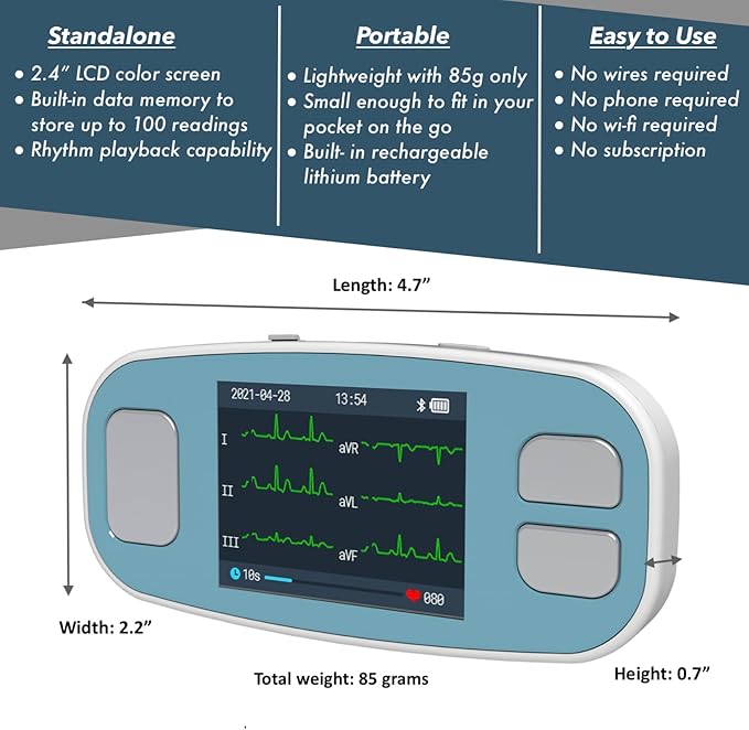 EMAY 6L Portable ECG Monitor | Record ECG and Heart Rate in 6 Channels | Compatible with Smartphone and PC | No Subscription Required