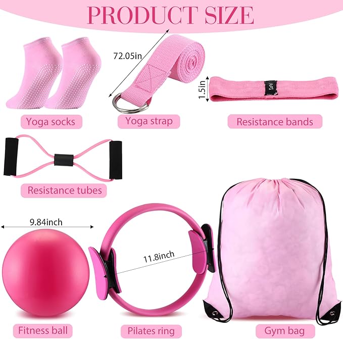 Poen Home Pilates Kit for Women Pilates Equipment Ring and Ball Set with Stretching Strap 8 Resistance Bands Non Slip Socks Gym Back Bags Exercise Equipment for Workout