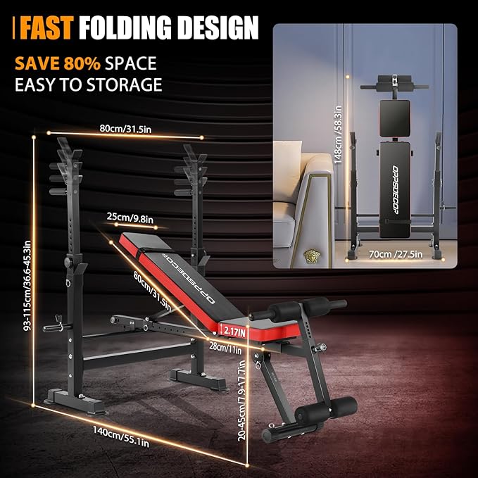 OPPSDECOR 6 in 1 660lbs Weight Bench with Leg Extension and Leg Curl, Foldable Bench Press Set and Squat Barbell Rack with Preacher Curl, Adjustable Workout Bench for Home Gym Strength Training PXZXYX1