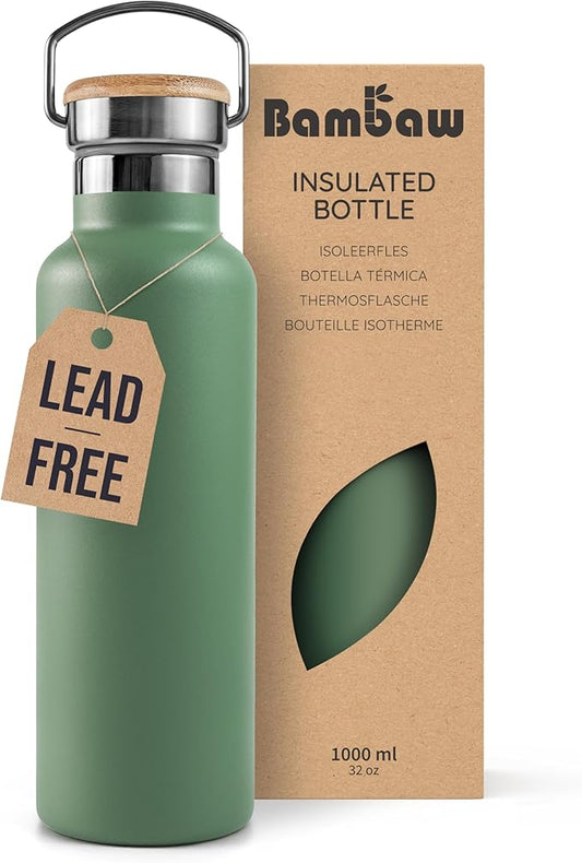 Bambaw 32oz Insulated Water Bottle, Green Stainless Steel Water Bottle, Large Water Bottle Stainless Steel, Hiking Water Bottle, Metal Water Bottle, 32 oz Water Bottle – Sage Green