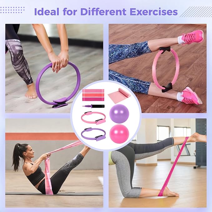 Pilates Ring and Ball Set, Includes 2 Pilates Circles, 2 Balance Balls with Pump, 3 Resistance Bands, and 1 Exercise Band, Home Pilates Equipment for Women, Versatile Fitness Kit