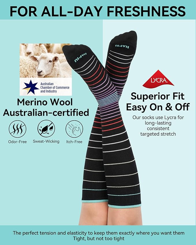 HAPIU Merino Wool Easy On Compression Socks for Women & Men, 15-20 mmHg, Plus Size Knee High Stocking for Nurses, Pregnancy, Travel, Flight, Medias de Compresión Mujer