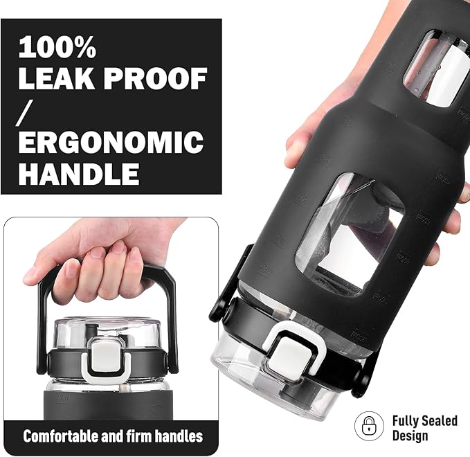 BLUEGO 40 oz Glass Water Bottle with Straw, Leakproof Glass Drinking Bottle with Time Marker and Silicone Sleeve, Wide Mouth Water Bottle for Travel, Gym, Workout, Black