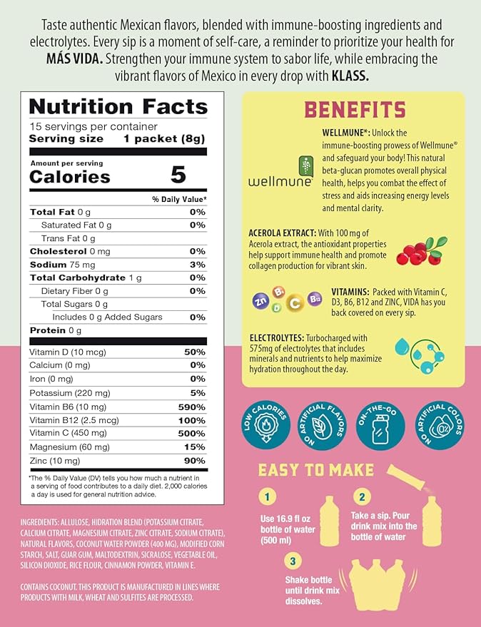 Hydration + Immunity Electrolyte Drink Mix – Strawberry Horchata Agua Fresca | Sugar-Free Powder with Wellmune®, Acerola, Coconut Water & Minerals | 15 Single-Serve Stick Packs