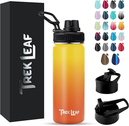 Travel Water Bottle with 3 Lids (Spout, Straw, Flip) Leak Proof, Quality, Vacuum Insulated, Stainless Steel (Sunrise, 18 oz)