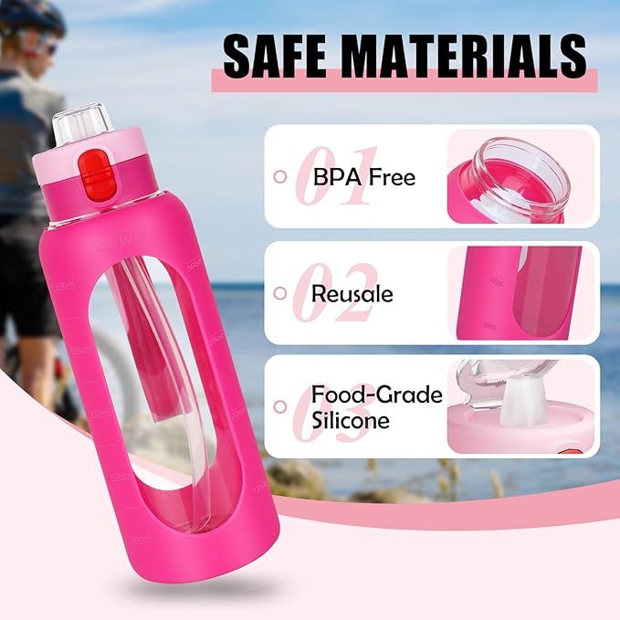 ANOTION 40OZ Glass Water Bottle, Large Sports Water Bottle with Dual-Drink Lid Clear Leakproof Glass Bottles with Straw, Motivational Jug with Silicone Sleeve and Time Marker for Travel Gym-Pink
