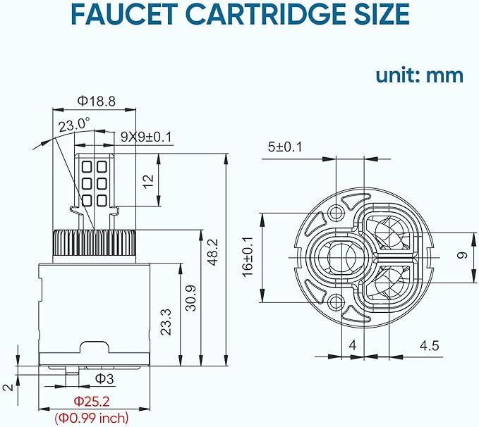 Faucet Cartridge Replacement Diameter 25mm Double Sealing with 90 Degree Rotation Ceramic Cartridge Valve Suitable for Single Handle Kitchen Basin Shower Faucet Replacement Parts (25mm)