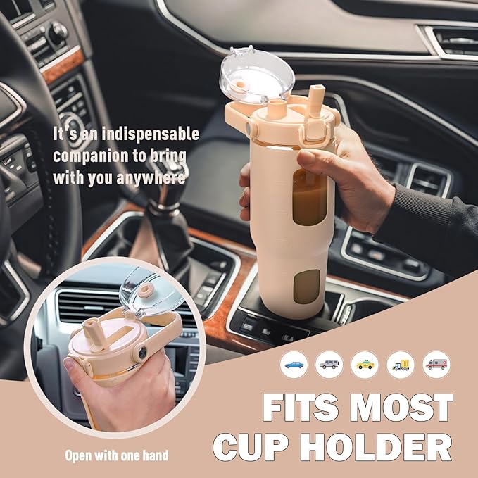 BLUEGO 32oz Glass Water Bottles with Straw Time Marker Half Gallon Large Motivational Water Bottle with Silicone Sleeve 2 Liter Large Glass Water Jug for Gym, Sports& Workout, Daily, Amber