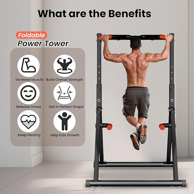 Power Tower Pull Up Dip Station Foldable, Pull Up Bar Station Adjustable, Multi-Function Home Gym, Strength Training Fitness Equipment, Triangular Design, for Home Outdoor