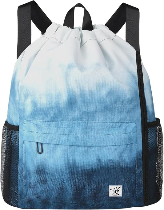 Drawstring Backpack with Mesh Pockets String Gym Bag Sackpack Sandproof Water Resistant Beach Backpack for Men Women