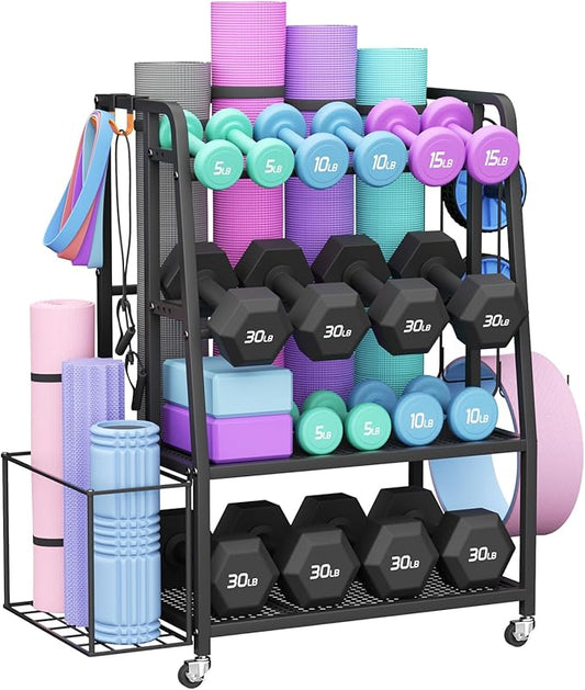 600LBS Weight Rack For Home Gym, Vopeak Dumbbell Rack Stand Only, Adjustable Weight Rack For Dumbbells, Kettlebells Yoga Mat, Home Gym Storage Rack With Wheels And Hooks, Powder Coated Finish Steel