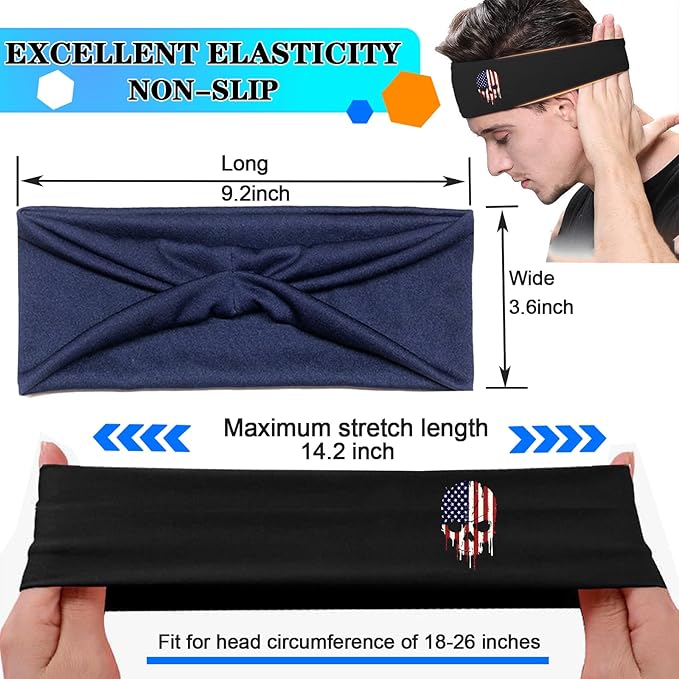 Headbands for Men 3 Pack Sport Sweat Bands Headbands Men Skull Finger Workout Sweatbands for Mens Women Head Bands Cooling Running Men's Hairband Headband
