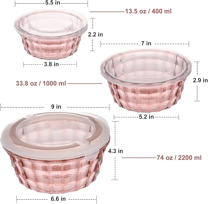 Taiuloo 3-Piece Salad Bowls with Lids, BPA Free Plastic Meal Prep Containers To Go for Lunch, Kitchen Food Storage & Serving Bowls for Salad, Snack, Fruit, Veggie, Pink