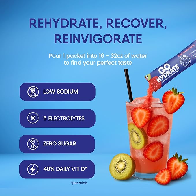 GoHydrate Instant Hydration Powder Packets - Low Sodium Electrolytes Drink Mix - Natural Hydration Support, Sugar Free Electrolyte Flavored Powder Drink with Vitamin D, 30 Packs, Kiwi Strawberry