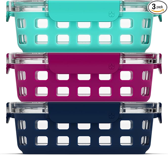 Ello Duraglass 3.4 Cup Meal Prep Sets 6Pc, 3 Pack Set- Glass Food Storage Container with Silicone Sleeve and Airtight BPA-Free Plastic Lids, Dishwasher, Microwave, and Freezer Safe, Berry