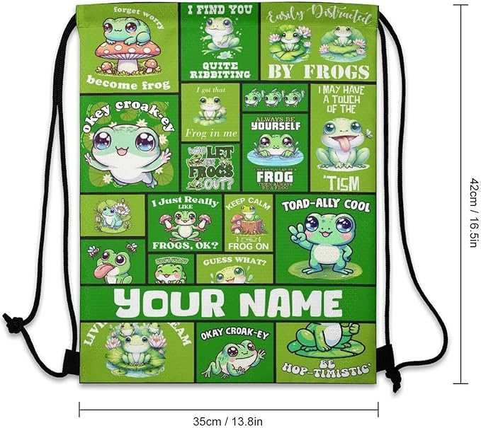 Custom Frog Drawstring Backpack - Cute Cinch Sack, String Backpacks for Kids Women Men Boys Girls for Gym Outdoor Sports Travel Athletic Drawstring Bag - Lightweight/Foldable