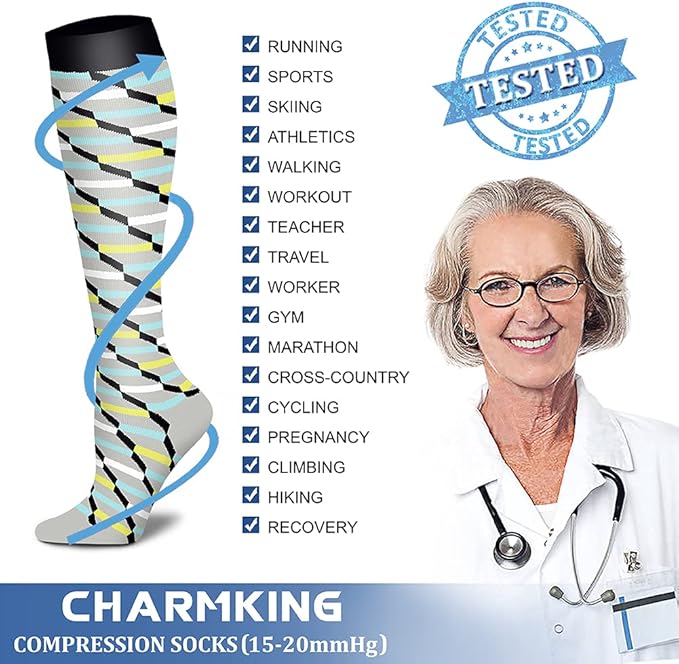 CHARMKING Compression Socks for Women & Men Circulation (8 Pairs) 15-20 mmHg is Best Support for Athletic Running,Hiking