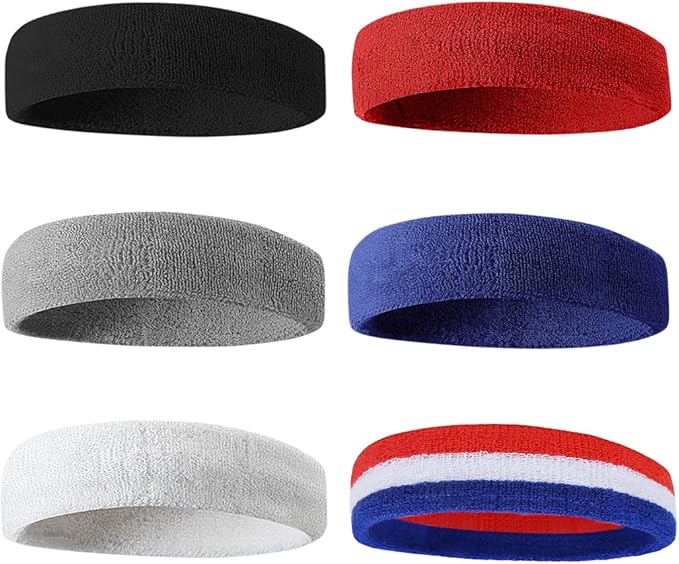 BEACE Sweatbands Sports Headband for Men & Women - 6PCS Moisture Wicking Athletic Cotton Terry Cloth Sweatband for Tennis, Basketball, Running, Gym, Working Out