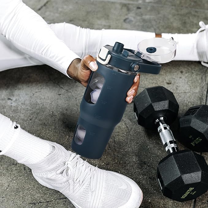 BLUEGO 32oz Glass Water Bottles with Straw Time Marker Half Gallon Large Motivational Water Bottle with Silicone Sleeve 2 Liter Large Glass Water Jug for Gym, Sports& Workout, Daily, Dark Blue