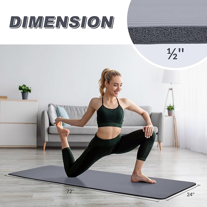 Quality Exercise Yoga Mat, 1/2-Inch Thick High-Density Foam for Full-body workout, Anti-Tear and non-slip Surface, Includes Carry Strap for Home & Studio Workouts,Multiple Options