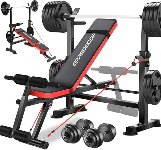 OPPSDECOR 8-in-1 Foldable Weight Bench Set with Squat Rack, Adjustable Bench Press Home Gym System for Full-Body Workout, Flat Incline Decline Sit Up Bench with Removable Foot Catch & Elastic Ropes