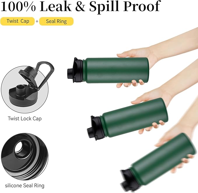 24 oz Insulated Water Bottle with Straw Lid & Wide Mouth Lids, Stainless Steel Sports Water Bottles, Double Walled Vacuum, Leak Proof, Dark Green