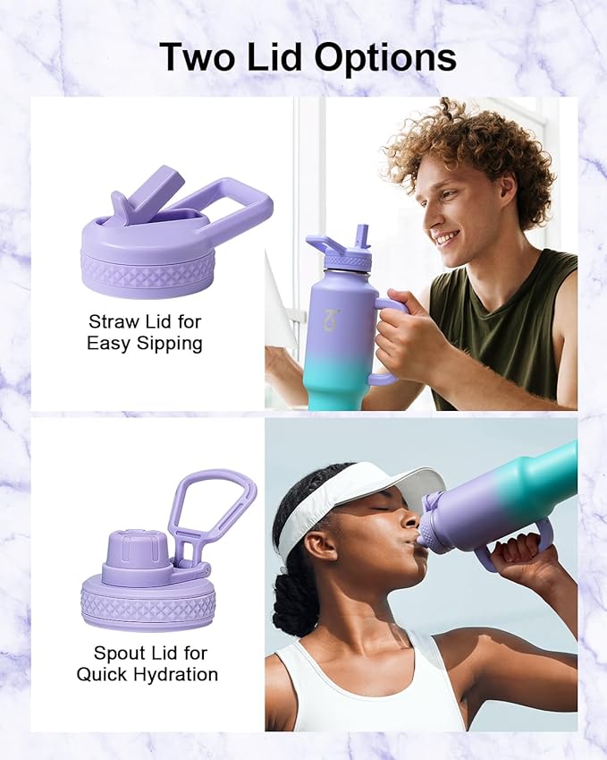 Trebo 40 oz Water Bottle Insulated Fit Car Cup Holder with Handle, Stainless Steel Water Bottles Tumbler with Spout Straw Lids, Double Wall Travel Reusable Flask, Leakproof Mug,Keep Cold &Hot,Purple