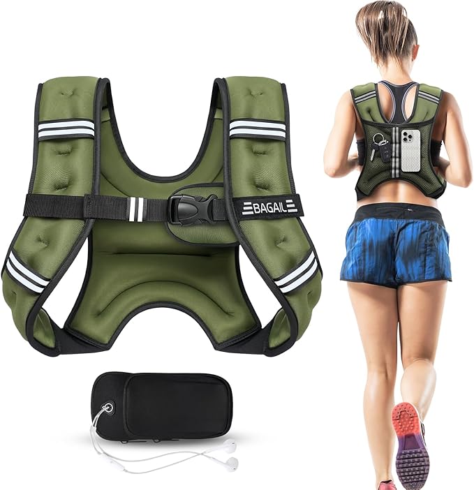 BAGAIL Weighted Vest, 5lbs/8lbs/10lbs/12lbs/15lbs/20lbs/25lbs/30lbs Weight Vest with Detachable Phone Pouch, Rucking Vest for Women, Men, Walking, Weight Loss, Training, Running