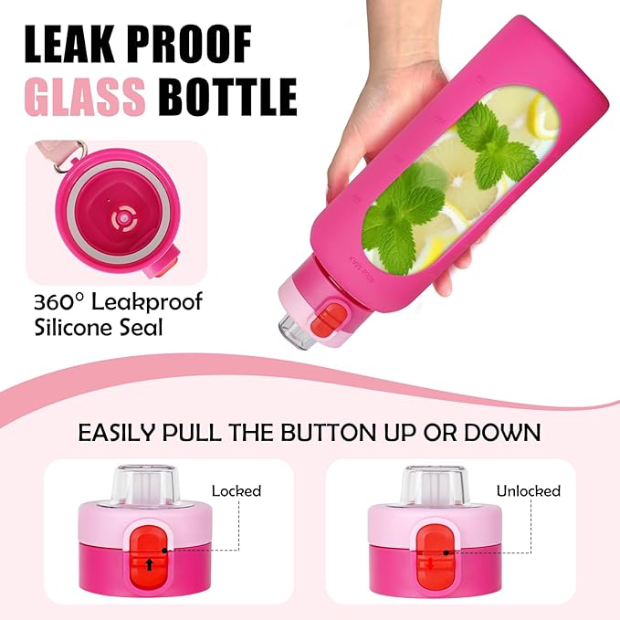 ANOTION 40OZ Glass Water Bottle, Large Sports Water Bottle with Dual-Drink Lid Clear Leakproof Glass Bottles with Straw, Motivational Jug with Silicone Sleeve and Time Marker for Travel Gym-Pink