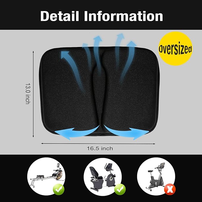 Gel Padded Seat Cushion Cover for Recumbent Bike & Rowing Machine - Extra Wide Thick Memory Foam with Gel Pad for Exercise Recumbent Bicycle and WaterRower, Concept2, for Women and Men Comfort