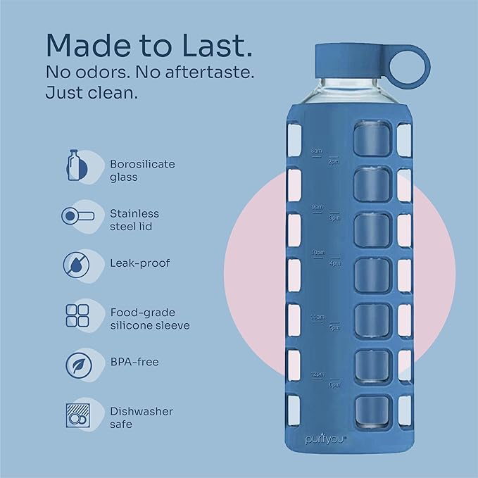 purifyou 40oz / 32oz / 22oz / 12oz Borosilicate Glass Water Bottle with Time & Volume Markers, Silicone Sleeve, Stainless Steel Lid | Reusable Glass Bottle for Water & Juice (22oz Chinese Porcelain)