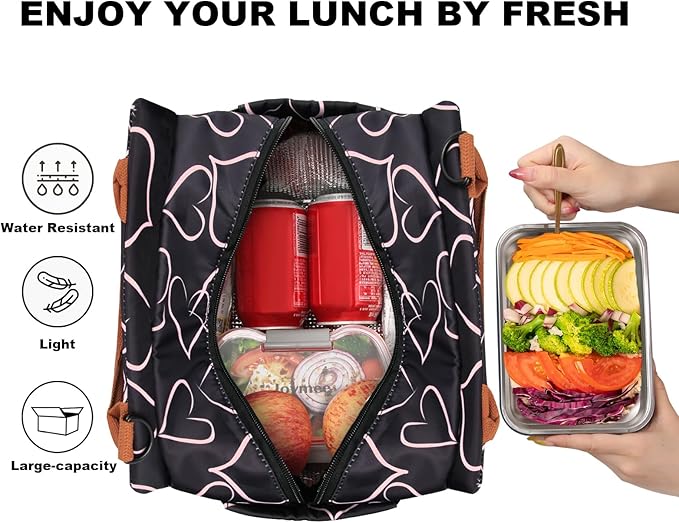 Joymee Lunch Bag Women Insulated Lunch Box with Adjustable Shoulder Strap Large Reusable Leakproof Spacious Cooler Tote for Women Men Adult with Bottle Holder and Side Pockets - Love Heart