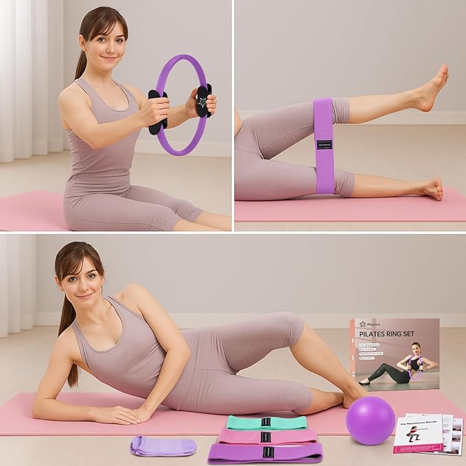 Pilates Essentials Kit for Home Women, Ring and Ball Set, Pilates Equipment for Workouts, 3 Resistance Bands, Grip Socks, 14 Inch Magic Circle, Mini Exercise Ball, Great Exercise Equipment