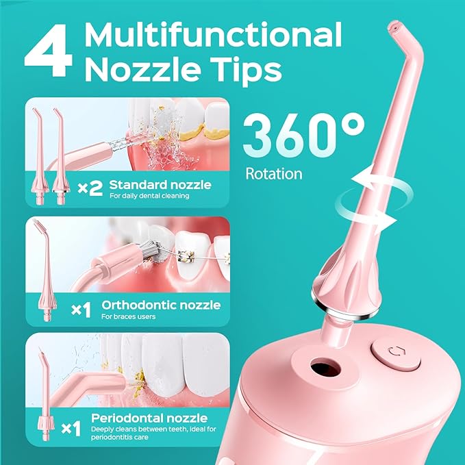 COSLUS Portable Water Flosser for Teeth: 4 Modes & 5 Intensity Levels Professional Electric Dental Pick for Sensitive Gums, Braces & Orthodontic - Cordless for Travel Use, for Adults, BPA-Free, Pink