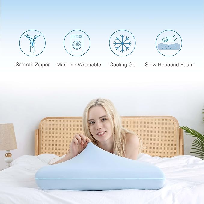 Cooling Pillow for Sleeping, Gel Memory Foam Pillow with Reversible Cover, Neck Support for Side, Back and Stomach Sleepers, Removable & Machine Washable Cover, Bed Pillows for Hot Sleepers, Blue