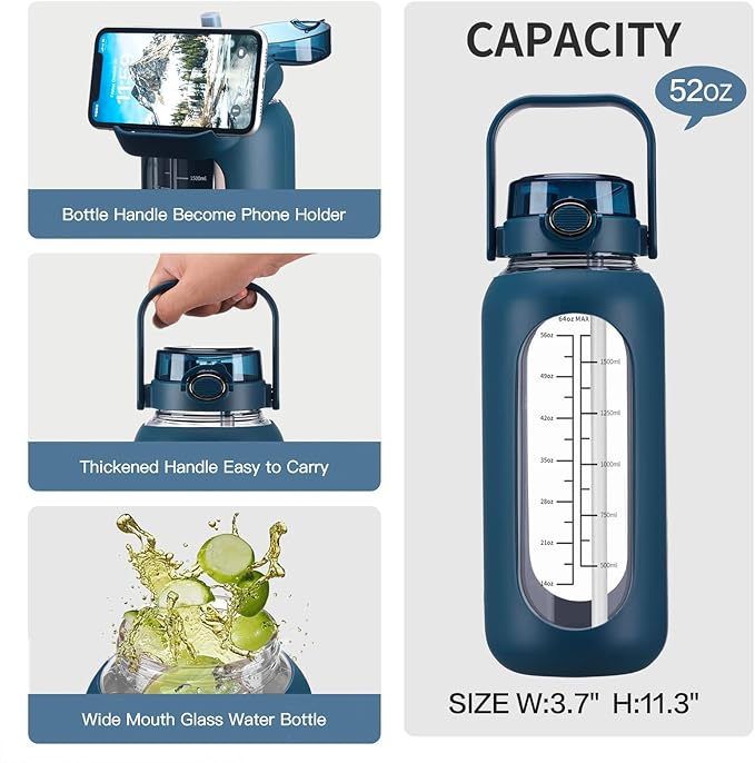 52oz Glass Water Bolttles with Straw Half Gallon Large Motivational Water Bottle