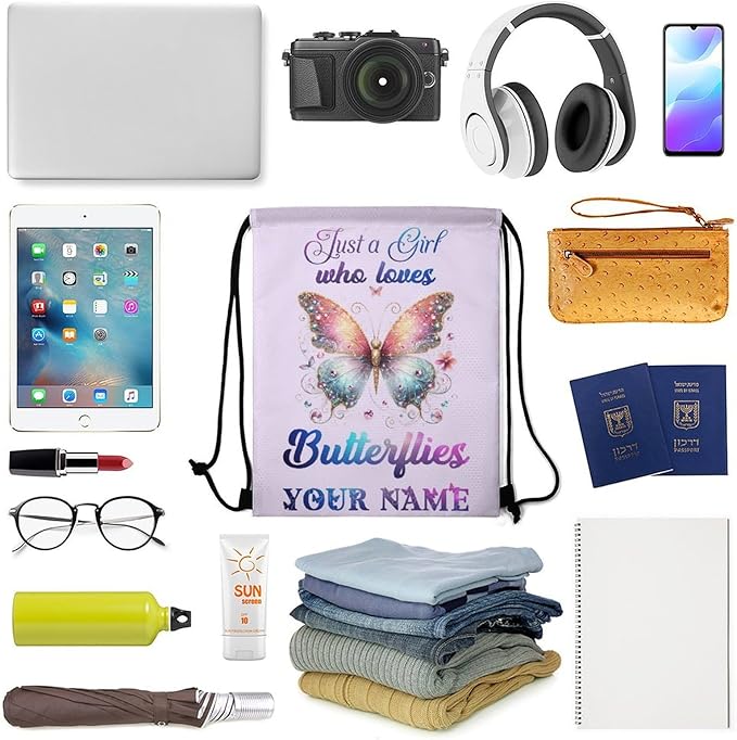 Custom Butterfly Drawstring Backpack - Cute Cinch Sack, String Backpacks for Kids Boys Girls Women Men for Gym Outdoor Sports Travel Athletic Drawstring Bag - Lightweight/Foldable