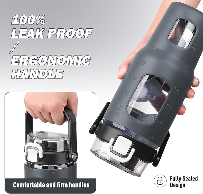 BLUEGO 32oz Glass Water Bottles with Straw Time Marker Half Gallon Large Motivational Water Bottle with Silicone Sleeve 2 Liter Large Glass Water Jug for Gym, Sports& Workout, Daily, Dark Grey