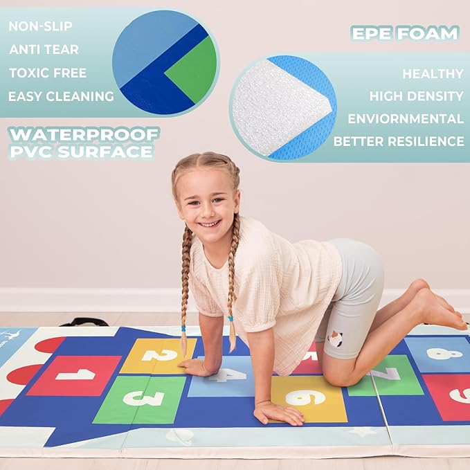 Kangaroo Hoppers Gymnastics Tumbling Mats for Kids, Foldable Gym Mat with Carrying Handles for Home Activity Play