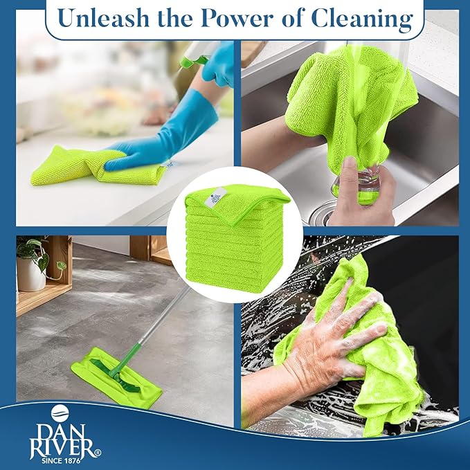 DAN RIVER 24-Pack Green Microfiber Towels – Ultra Absorbent, Lint-Free & Streak-Free Cleaning Cloths for Home, Car & Kitchen - Must-Have Cleaning Essentials - 12" x 12"