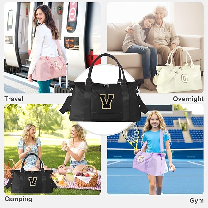 Dance Gym Duffel Bag for Teen Girls, Personalized Initial Travel Weekender Bag,Cute Overnight Carry On Duffle for Women,Sports Travel Cheer Bag,Monogram Christmas Gifts for Tween Preppy(black-V)