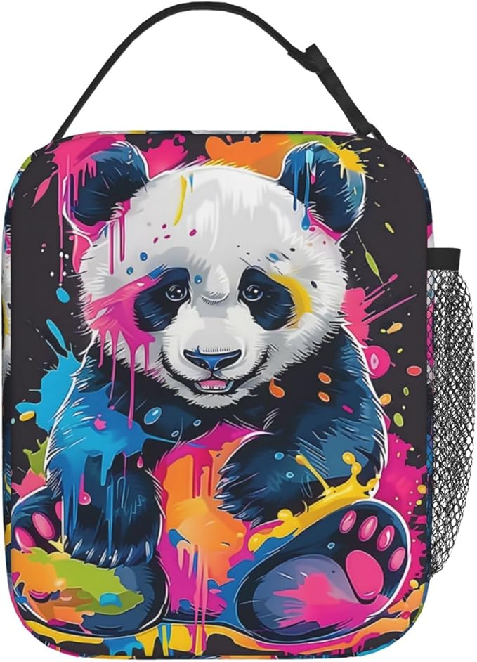Funny Panda Lunch Box for Women Girls Boys Kids, Insulated Cooler Color Splash Panda Lunch Bag for School, Picnic, Office, Work, Travel, Portable Polyester Thermal Reusable Tote Lunch Bags