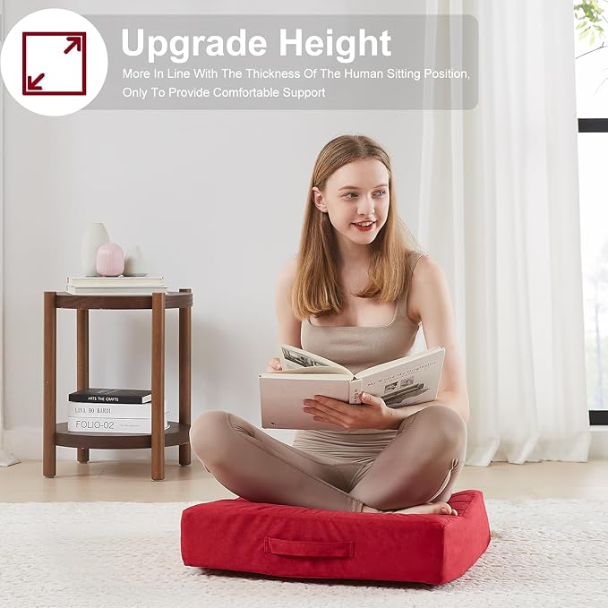 2 Pcs High Density Foam Floor Pillow - Upgraded Large Pillows Seating for Adults - Outdoor Floor Cushion with Soft Tufted Cover - Yoga Pillows for Sitting On Floor - 22 Inch Burgundy