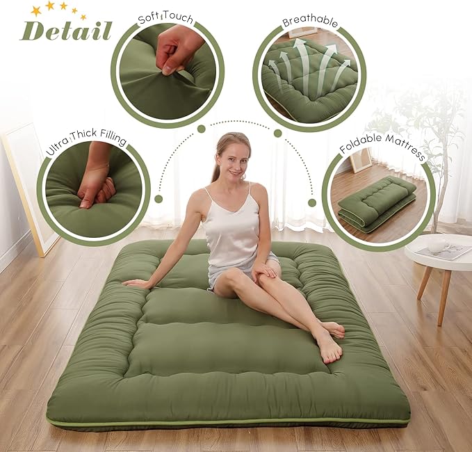 Japanese Floor Mattress, Futon Mattress with Portable Storage Bag and Washable Cover, Roll Up Thick Tatami Mat Suitable for Camping, Guest Room, Green, Twin