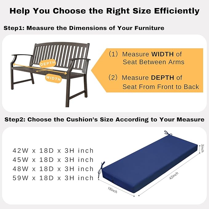 idee-home Outdoor Bench Cushion Waterproof, Bench Cushions for Outdoor Furniture, Patio Porch Swing Replacement Seat Pad with Ties for Garden Backyard, 42 x 18 Inch Navy Blue